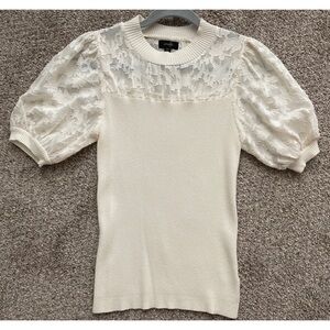 OftWelfth Off-White Ivory Knit Sheer Puff Sleeve Sweater Top, Size S